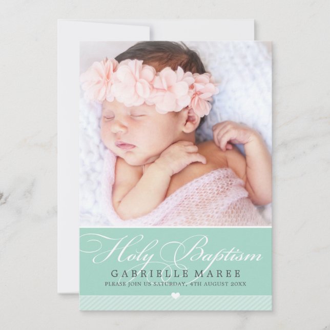 PHOTO BAPTISM elegant calligraphy sweet mint green Invitation (Front)