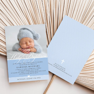 PHOTO BAPTISM fancy flourish calligraphy boy blue Invitation