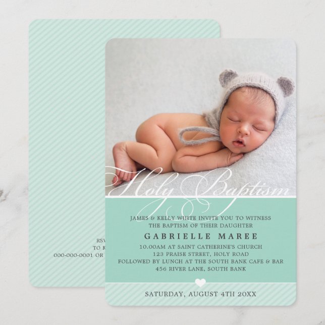 PHOTO BAPTISM fancy flourish calligraphy cute mint Invitation (Front/Back)
