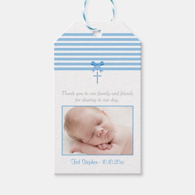 Photo Baptism Favour Gift Tag | Blue (Front)
