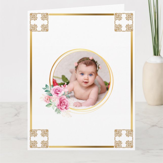 Photo baptism gold cross floral bouquet chic card (Front)