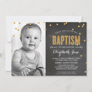 PHOTO BAPTISM gold glitter confetti chalkboard Invitation