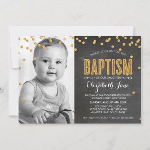 PHOTO BAPTISM gold glitter confetti chalkboard Invitation