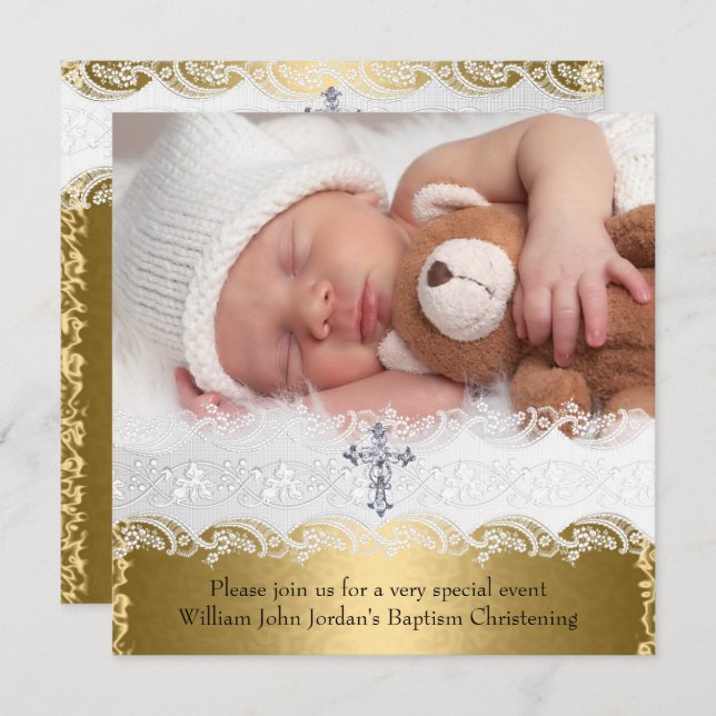 Photo Baptism Gold Lace Cross Baby Boy Girl Invitation (Front/Back)