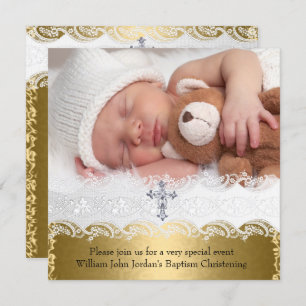 Photo Baptism Gold Lace Cross Baby Boy Girl Invitation