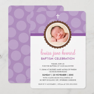 PHOTO BAPTISM INVITE cute polka dot pattern purple
