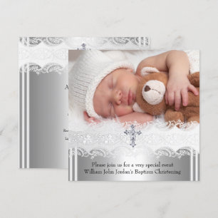 Photo Baptism Lace Cross Baby Boy Girl Silver 2 Invitation