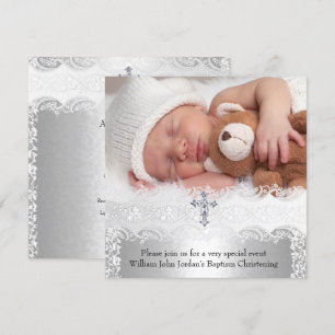Photo Baptism Lace Cross Baby Boy Girl Silver Invitation