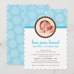 PHOTO BAPTISM modern polka dot pattern blue boy Invitation