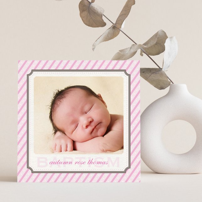 PHOTO BAPTISM modern vintage candy stripes pink Invitation (Creator Uploaded)