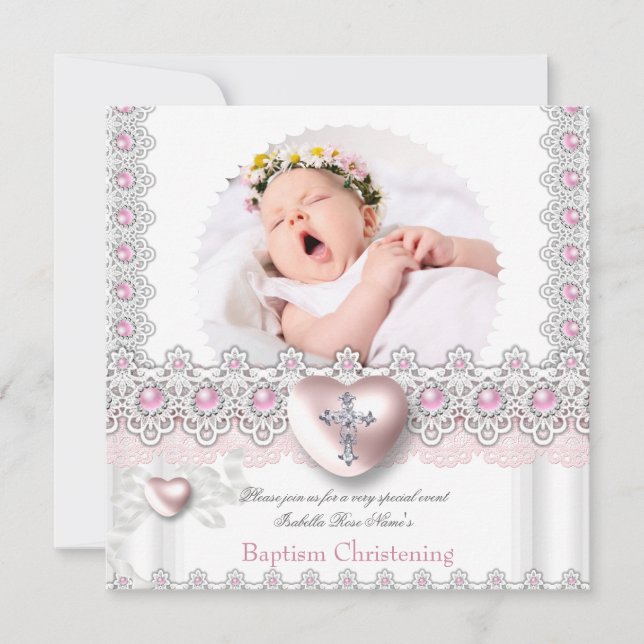 Photo Baptism Pink Silver Heart Cross Girl Pearl 2 Invitation (Front)