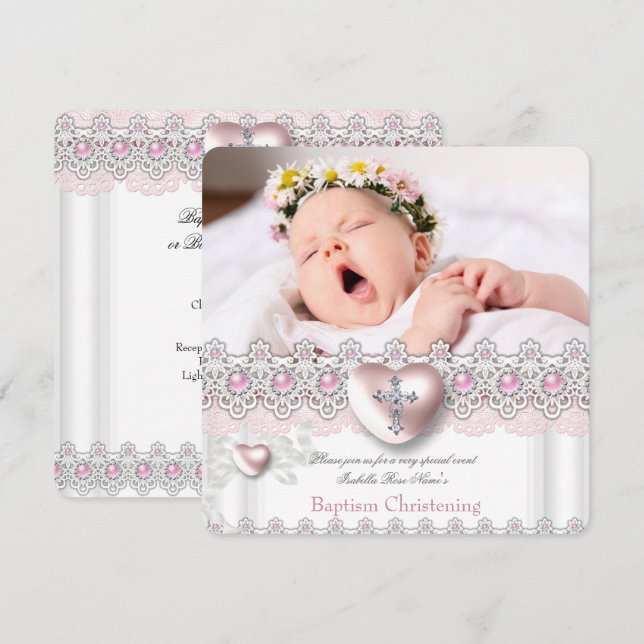 Photo Baptism Pink Silver Heart Cross Girl Pearl Invitation (Front/Back)