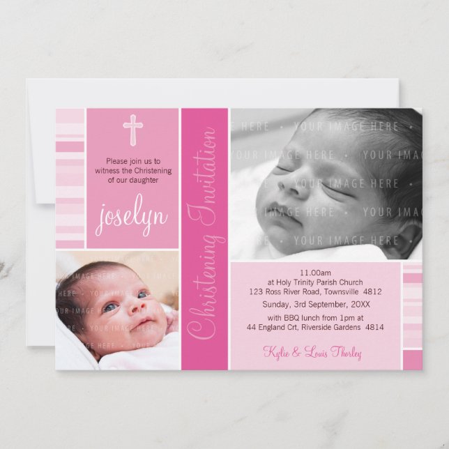 PHOTO BAPTISM pretty striped essence pattern pink Invitation (Front)