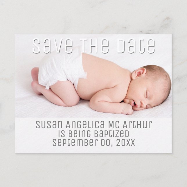 Photo baptism save the date baby minimalist announcement postcard (Front)