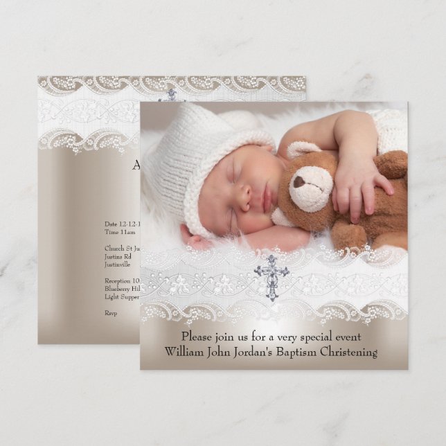 Photo Baptism White Beige Cross Baby Girl Boy Invitation (Front/Back)