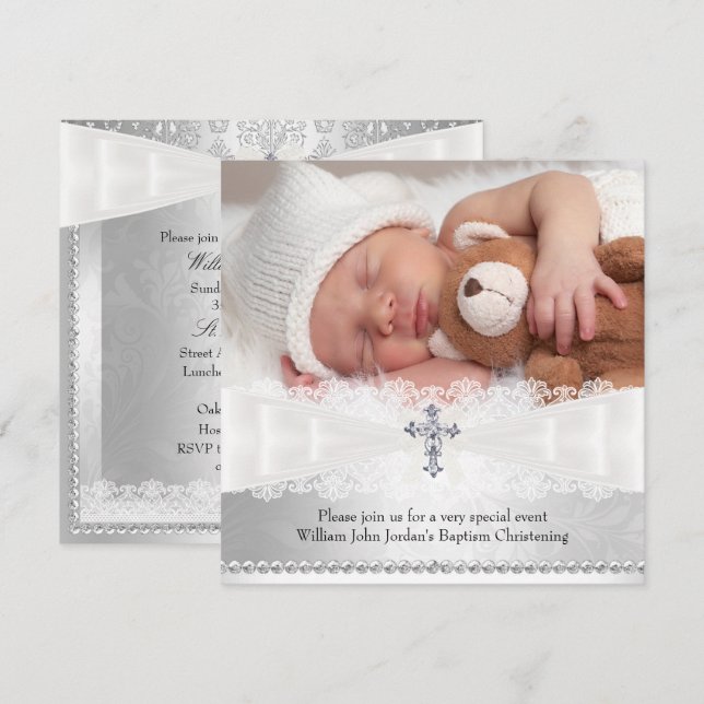 Photo Baptism White & Silver Cross Invitation (Front/Back)