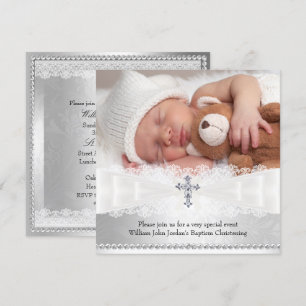 Photo Baptism White & Silver Cross Invitation