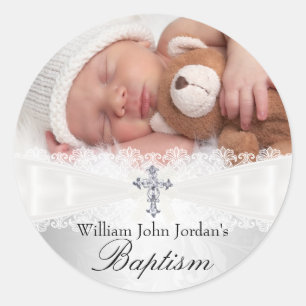 Photo Baptism White Silver Cross Sticker