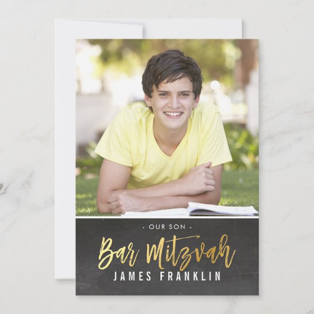 PHOTO BAR MITZVAH modern grey chalkboard gold Invitation (Front)