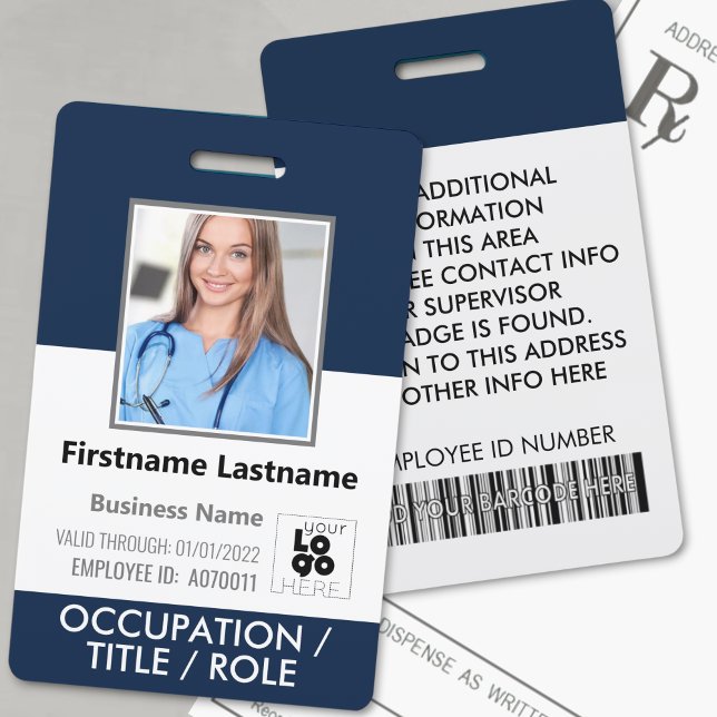 Photo, Barcode, Name and Logo Navy Blue ID Badge (Creator Uploaded)
