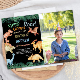 Photo Barwon Black Glitter Dinosaur Birthday Invitation