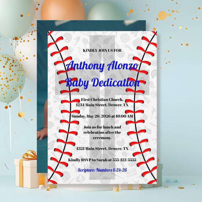 Photo Baseball Baby Dedication Invitation w/ Cross (Creator Uploaded)