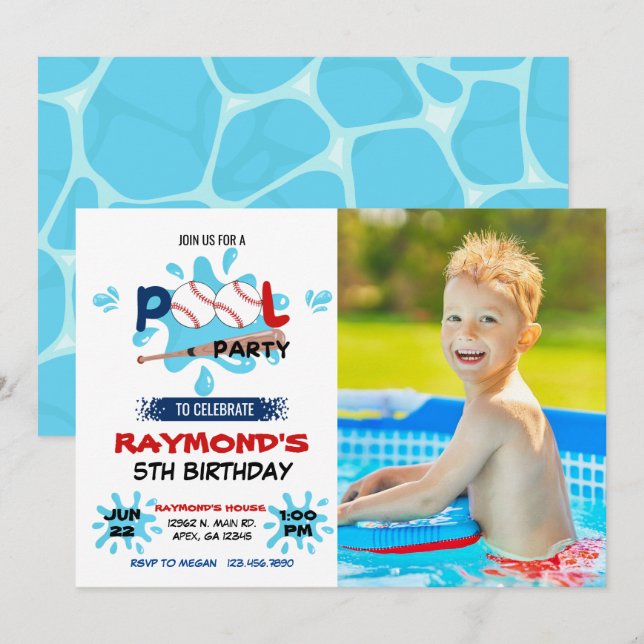 Photo Baseball Pool Party   Invitation (Front/Back)