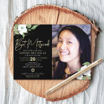Photo Bat Mitzvah Black Gold Floral Watercolor  Invitation<br><div class="desc">Be proud, rejoice and showcase this milestone of your favorite Bat Mitzvah with this sophisticated, personalized photo invitation! A chic, stunning, white and gold glitter floral watercolor with faux gold foil script typography and white san serif type overlays a dramatic black background on the left side, your personalized photo on...</div>