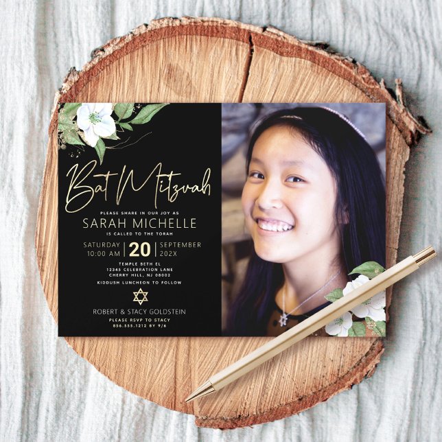 Photo Bat Mitzvah Black Gold Floral Watercolor  Invitation (Creator Uploaded)