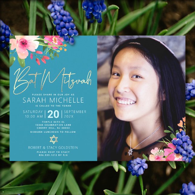 Photo Bat Mitzvah Blue Floral Watercolor Script Invitation (Creator Uploaded)