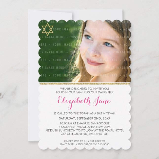 PHOTO BAT MITZVAH chevron stripe gold glitter pink Invitation (Front)