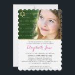 PHOTO BAT MITZVAH chevron stripe gold glitter pink Invitation<br><div class="desc">NOTE - the glittery gold effect is a printed pictureA trendy, chevron patterned design for your child's BAT MITZVAH INVITATIONS. Wow your friends and family with this little number ;D Setup as a template it is simple for you to add your own details, add your photo or hit the customise...</div>