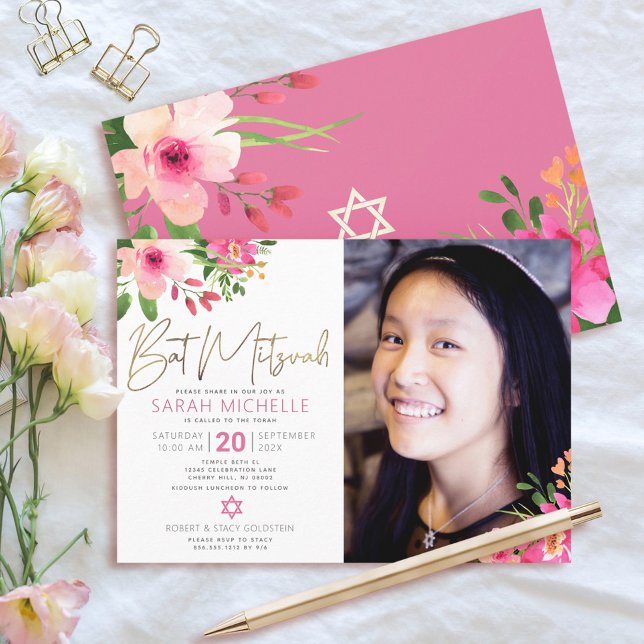Photo Bat Mitzvah Floral Watercolor Gold Script Invitation (Creator Uploaded)