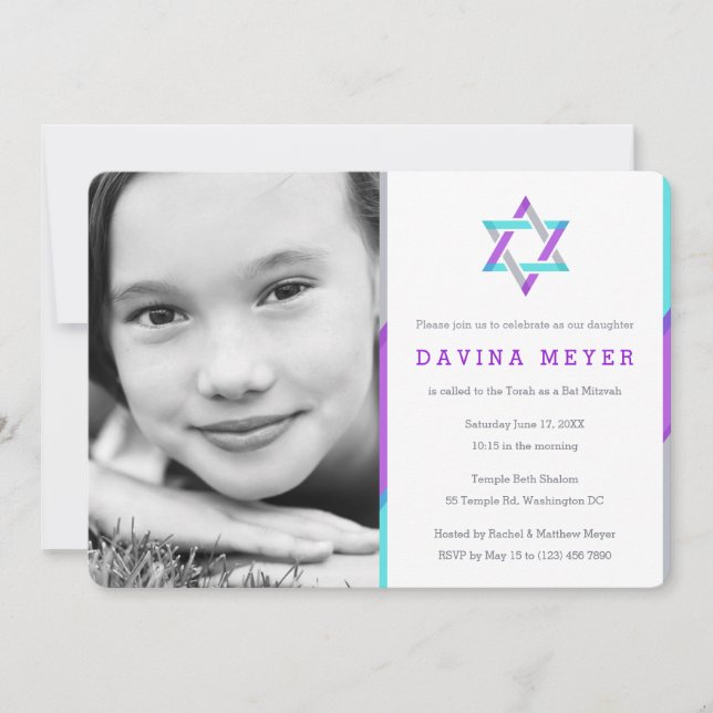 Photo Bat Mitzvah Invitations | Purple + Teal (Front)