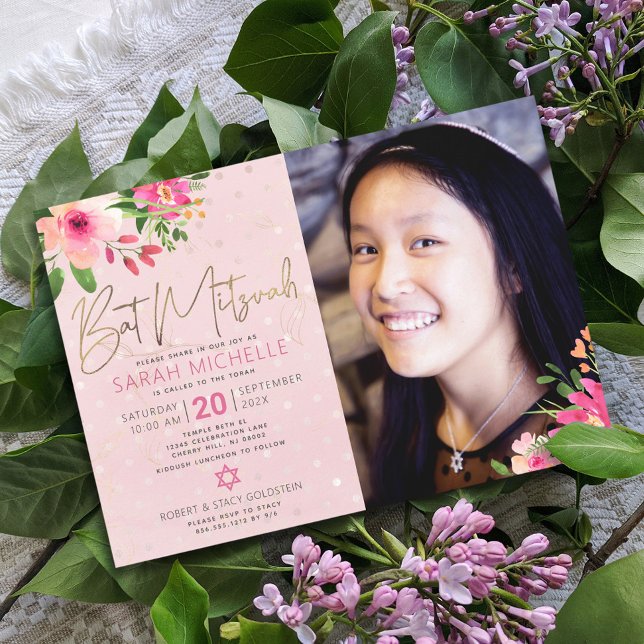 Photo Bat Mitzvah Pink Floral Watercolor Script Invitation (Creator Uploaded)