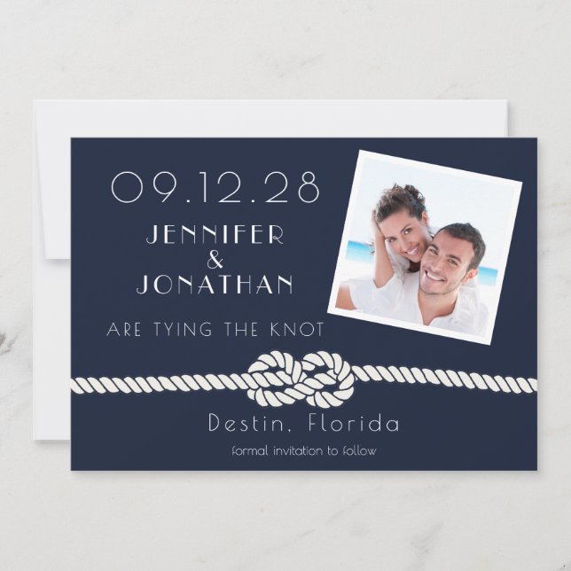Photo Beach Nautical Rope Navy White  Save The Date (Front)