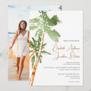 Photo Beach Palm Trees Destination Wedding Script Invitation