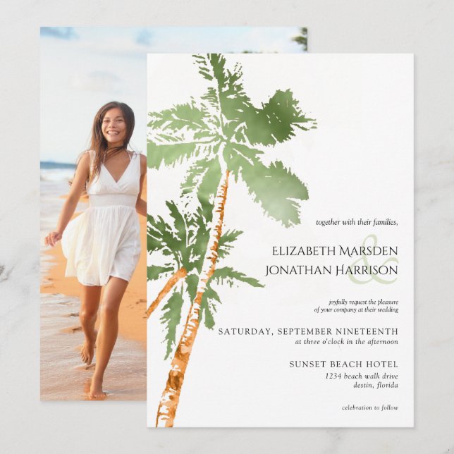 Photo Beach Palm Trees Green Destination Wedding  Invitation (Front/Back)