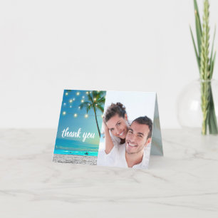 Photo Beach Palms String Lights Wedding Thank You Card