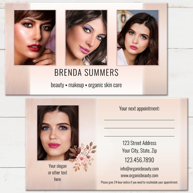 Photo Beauty Skin Care Professional Appointment Bu (An elegant beauty appointment business card featuring your photos on a peach pink stylish design)