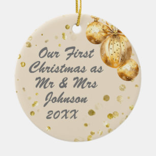Photo Beige Gold First Christmas Mr Mrs Ceramic Tree Decoration
