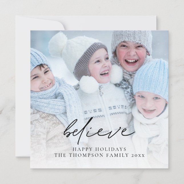 Photo Believe Script Name Christmas Happy Holiday Card (Front)