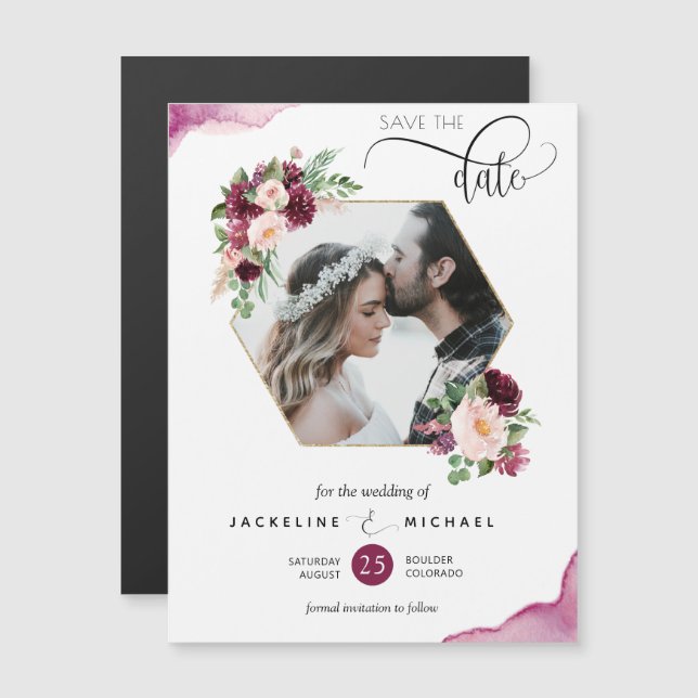 Photo Berry and Blush Wedding Save the Date Magnet (Front/Back)
