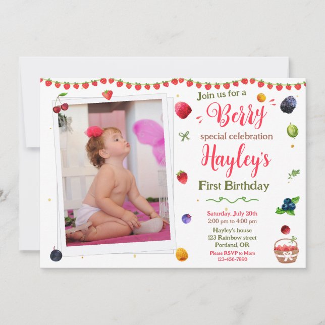 Photo berry birthday invitation Sweet party invite (Front)