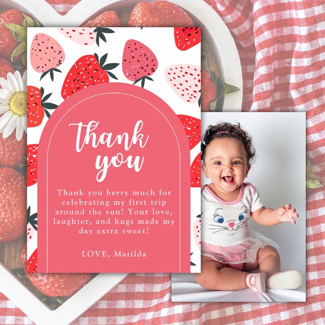 Photo Berry First Birthday 1st Strawberry Arch  Thank You Card (Creator Uploaded)