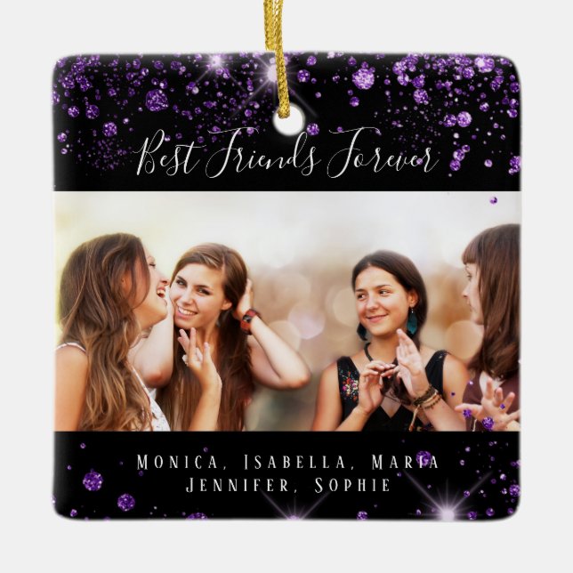 Photo best friends forever black purple glitter ceramic ornament (Front)