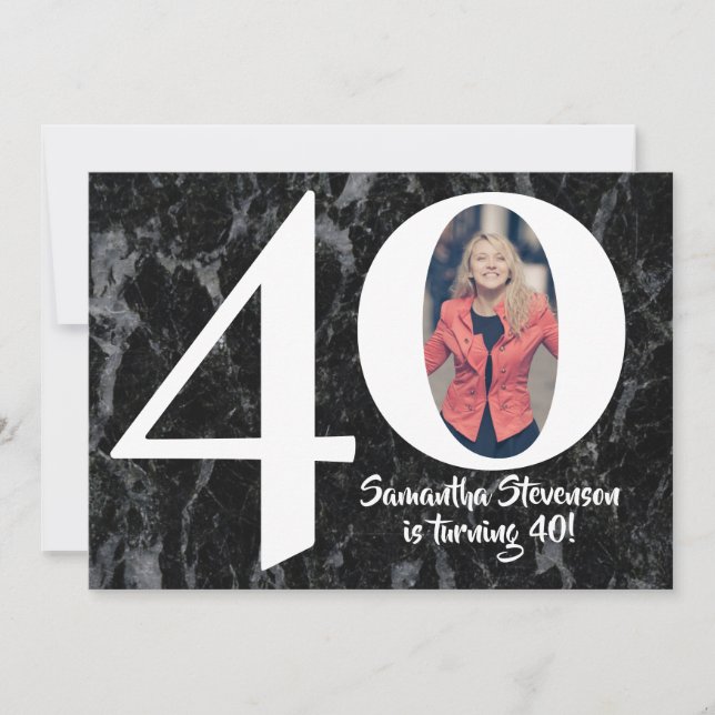 Photo Big 40 Black Marble Birthday Party Invitation (Front)