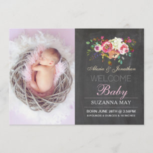 Photo Birth Announcement Baby Girl Stats Cards
