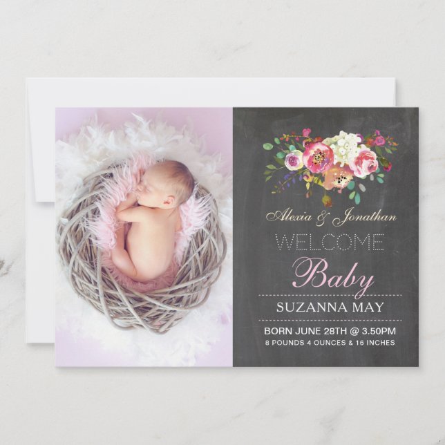 Photo Birth Announcement Baby Girl Stats Cards (Front)