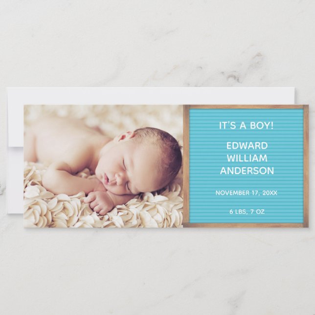 Photo Birth Announcement, Blue Letterboard Sign In Invitation (Front)